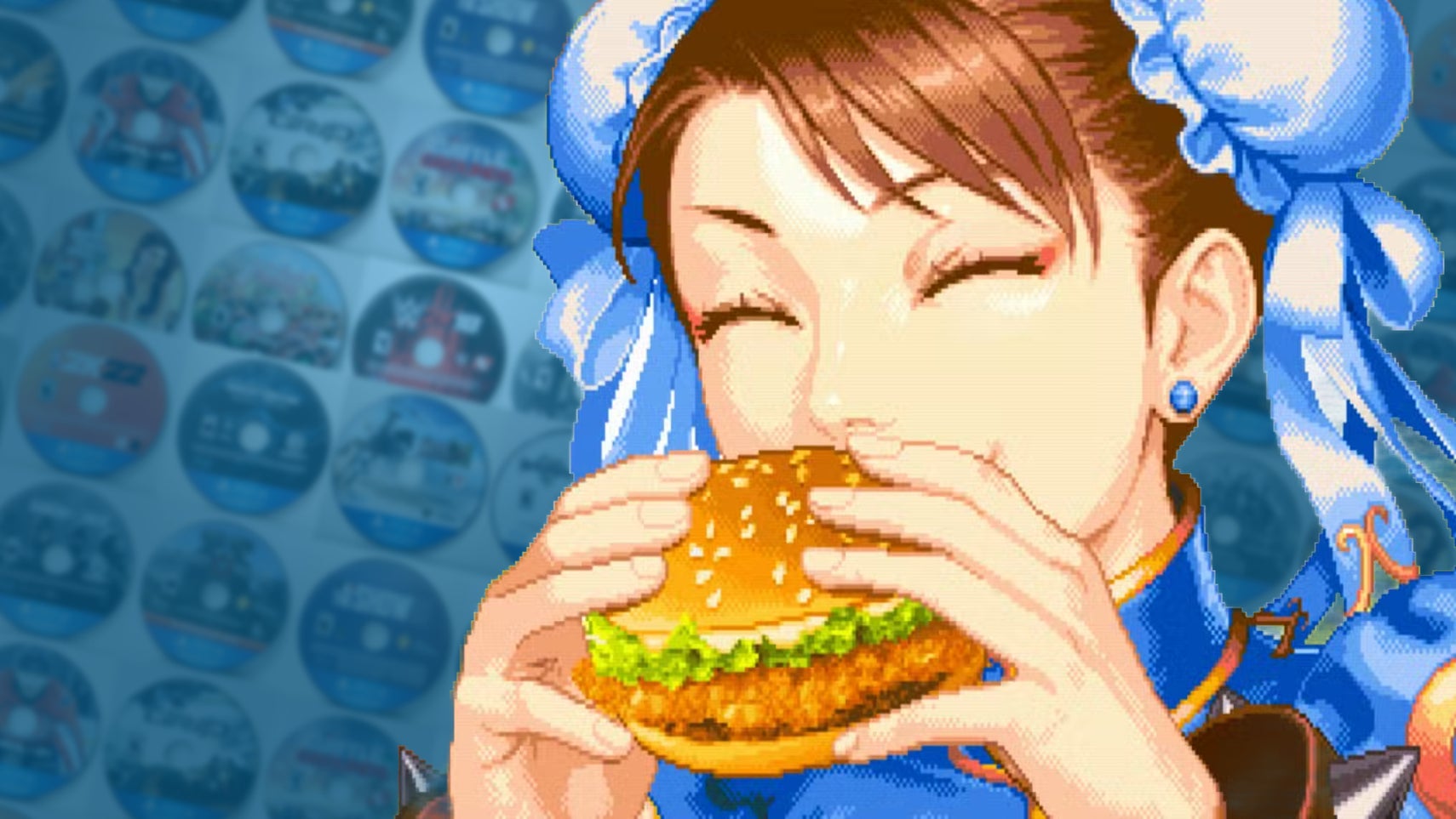 Chun Li chows down on a big burger, there are plenty of discs in the background