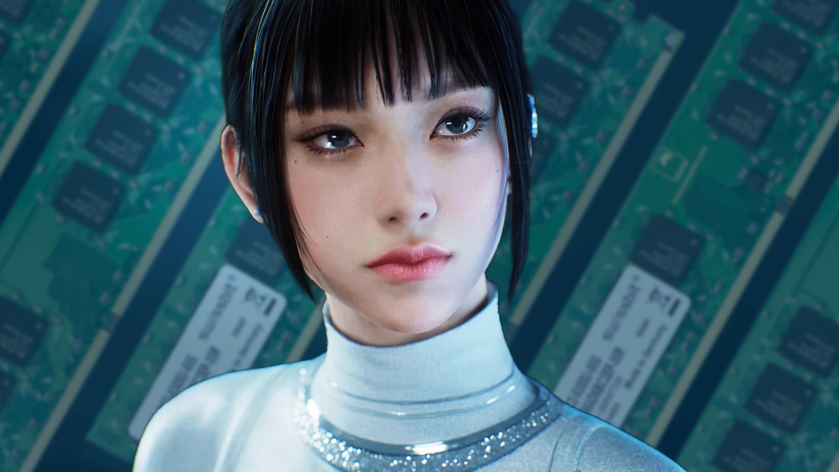 A character from Cinder City laid over sticks of RAM.