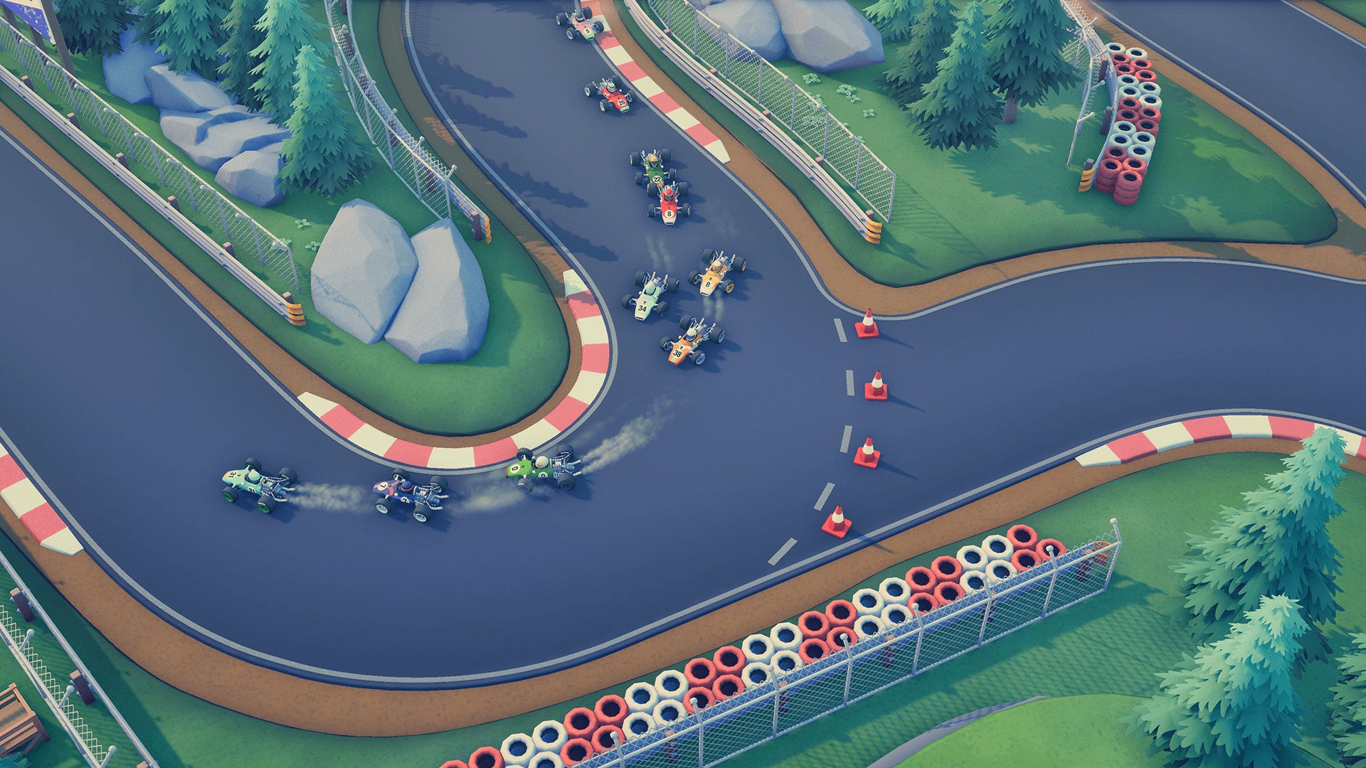 Circuit Superstars - ten open wheel cars race around a corner on a paved track.