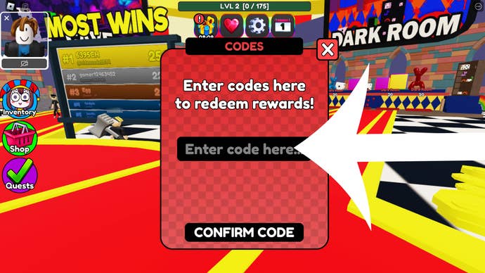 Arrow pointing at the codes menu in Circus Tower Defense.