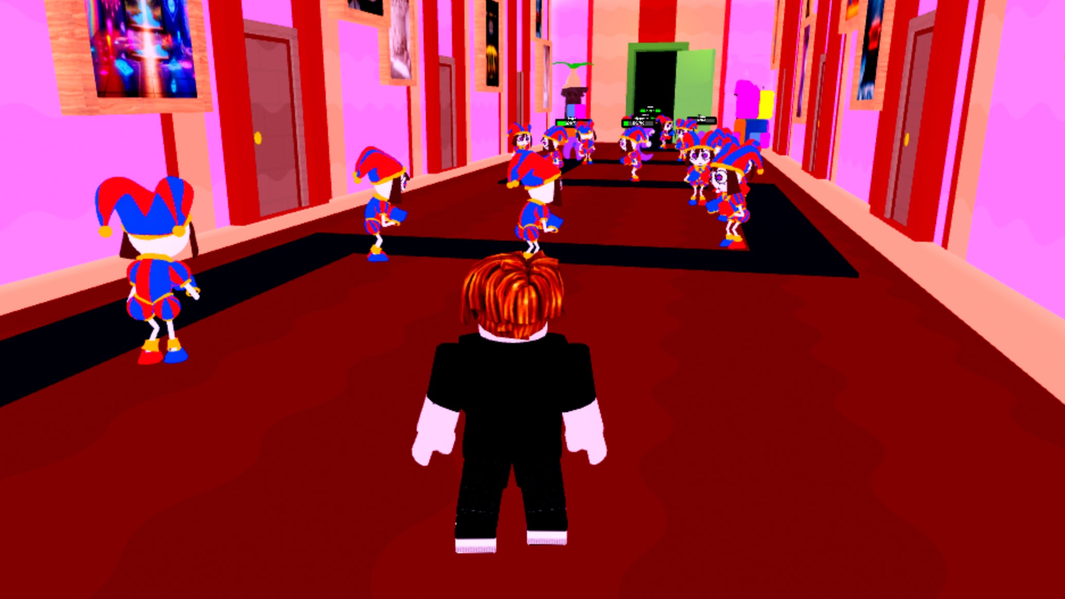 Jester-like characters surround a path enemies walk down in Circus Tower Defense as a Roblox character watches on. - 1