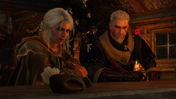 The white-haired characters Ciri and Geralt sit leaning on a wooden table in a tavern in Witcher 3. They both seem to be looking at a leather money purse.
