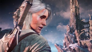 Ciri from The Witcher 3 Wild Hunt looks over her shoulder as snow falls from the sky. A fortress-like structure can be see in the near distance