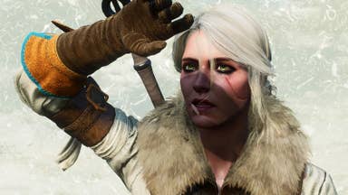 A white-haired young woman with startlingly green eyes shields her face from a blinding flash of some kind, with a leather gloved hand. She wears a fur colour and a sword on her back, and there's a white kind of storm all around. It's Ciri in The Witcher 3.