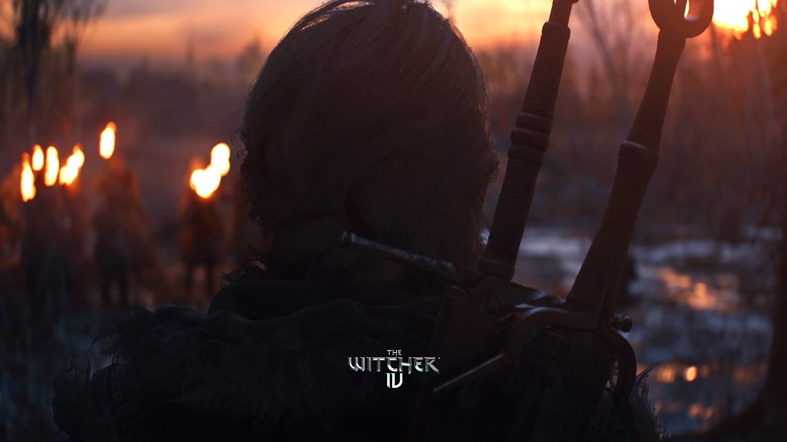 A close-up of a character walking towards flaming torches and carrying two swords on their back.