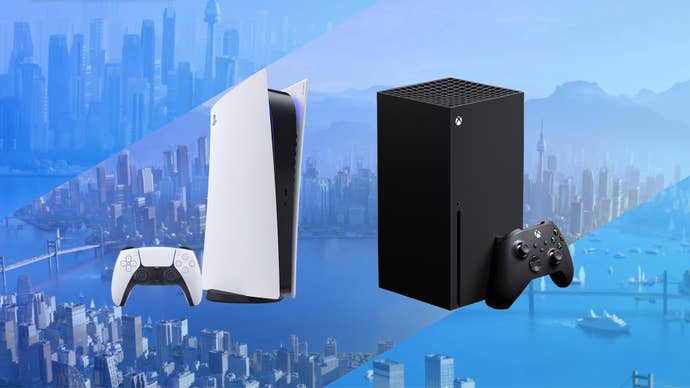 Cities: Skylines 2 artwork showing a sprawling metropolis on the edge of an ocean, with a PS5 and Xbox Series X/S superimposed on top.