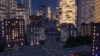 A gameplay screenshot of Cities Skylines 2 showing a busy city intersection at night