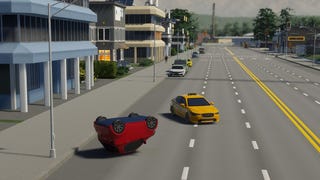 An overturned car on a road in Cities: Skylines 2.