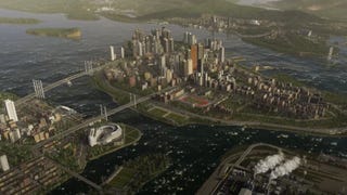 A screenshot showing a bird's-eye view of a city created in Cities: Skylines 2.