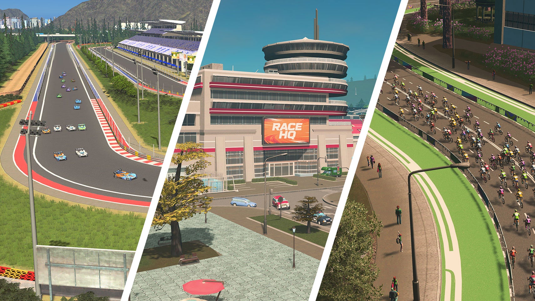 Screenshots from Cities Skylines expansion Race Day showing a racing track, Race HQ, and a street full of racing cyclists.