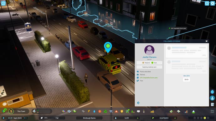 Zooming in on an NPC called Jennifer Parsons in Cities Skylines 2.