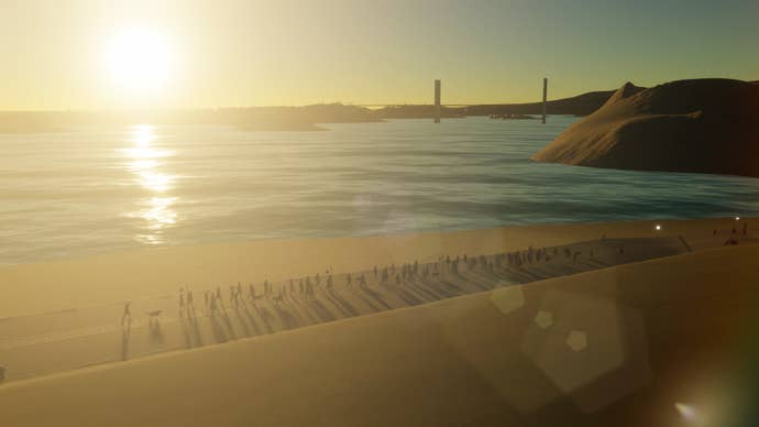 A large group of people marching along a road by a beach in Cities: Skylines 2