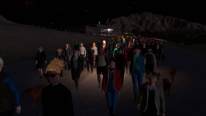 A group of civilians on the march in Cities: Skylines 2