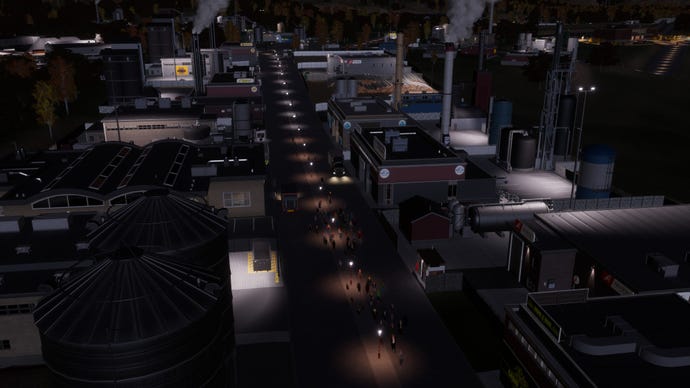 People marching through the industrial district at night in Cities: Skylines 2