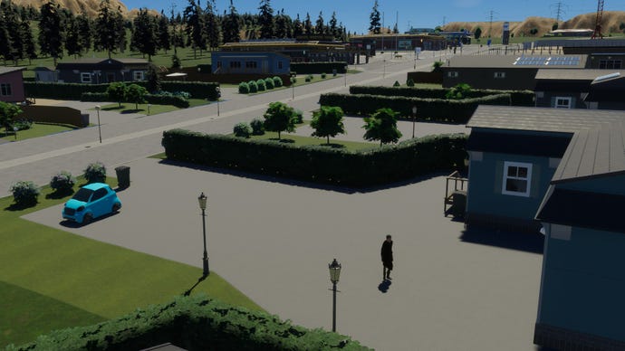 A lone woman standing in her concrete front yard, staring at her house, in Cities: Skylines 2