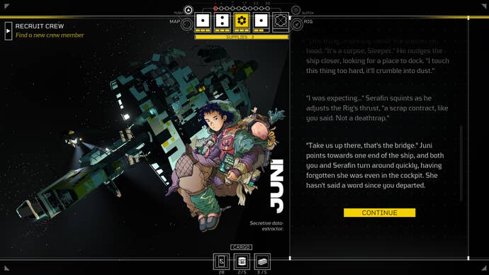 A screenshot of Citizen Sleeper 2 showing 2D art of a young woman called Juni, she is covered in all sorts of futuristic gear, a dilapidated space station can be seen in the background.