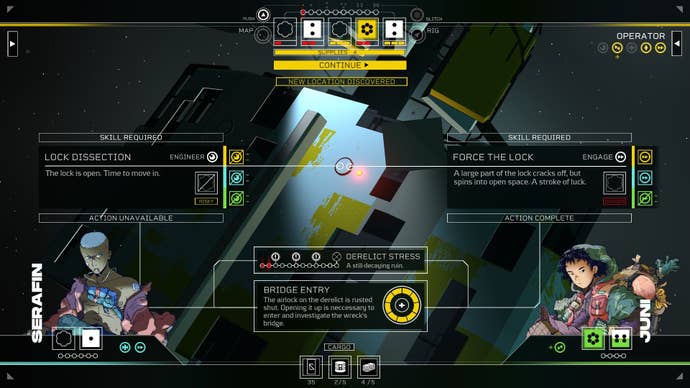 Serafin and Juni work with the player to enter a derelict spaceship.