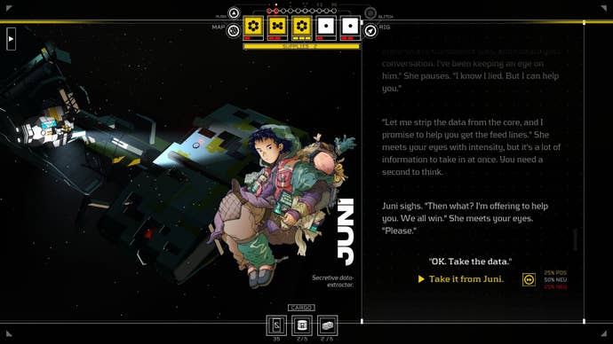 The player confronts a floating Juni about an object they both need.