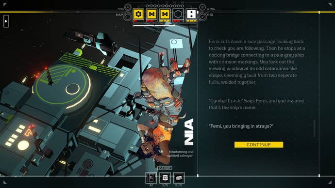 A relaxed Nia floats in a space station as the lights glitter beneath her.