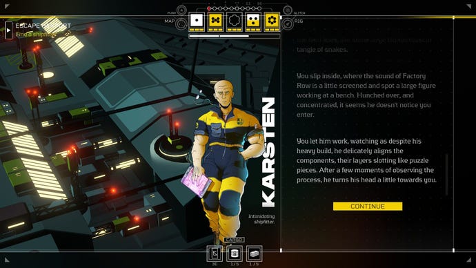 A rough engineer called Karsten recruits the player in the mechanic's yards.
