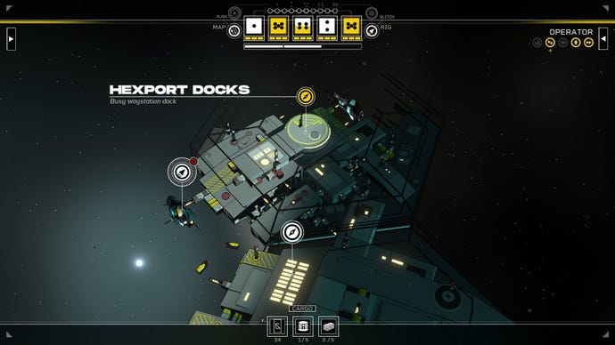 The player's ship is in port at the Hexport Docks, a grey space station.