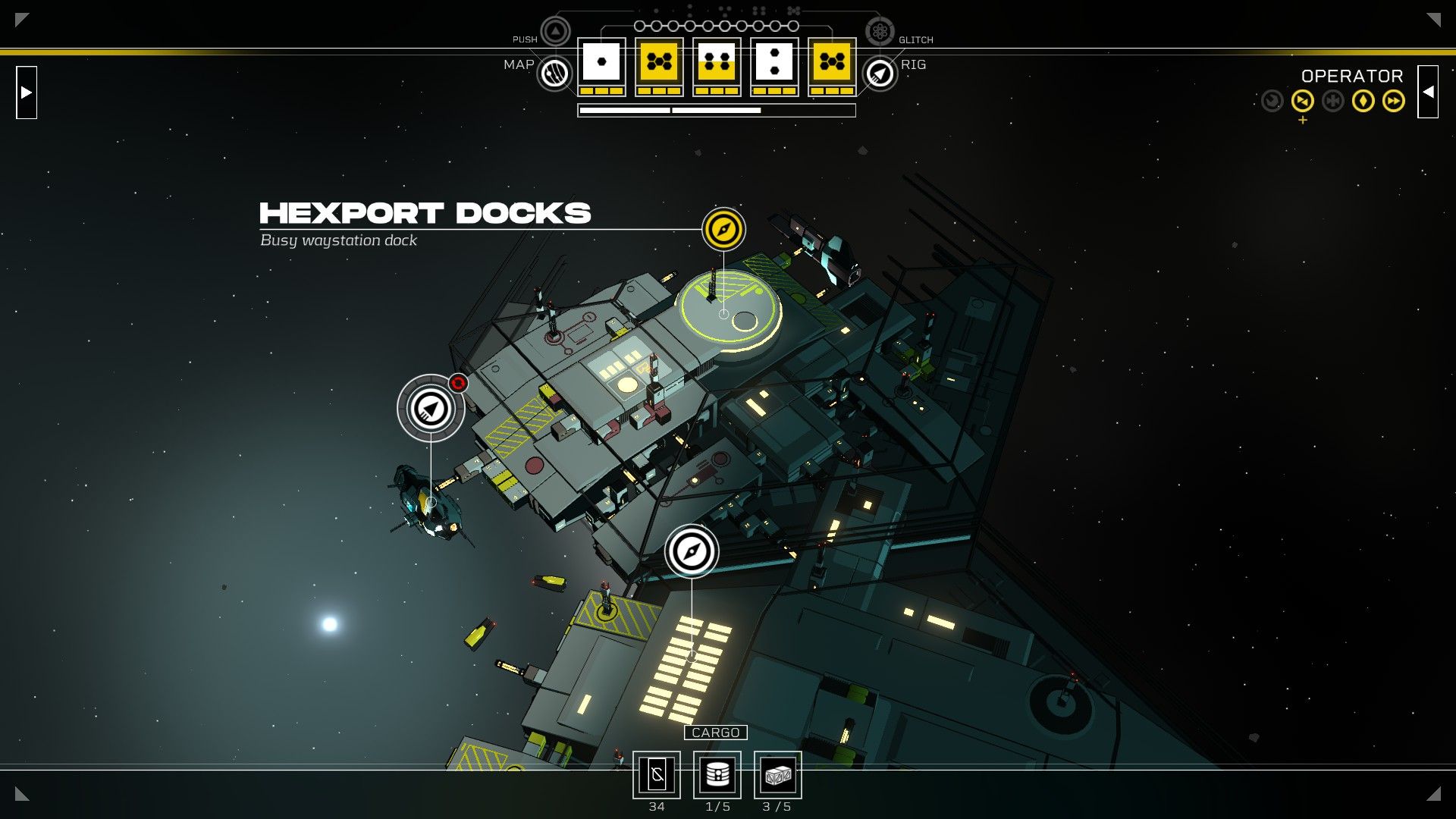 The player's ship is in port at the Hexport Docks, a grey space station. - 7