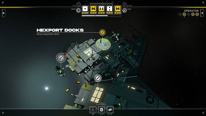 The player’s ship is in port at the Hexport Docks, a grey space station.