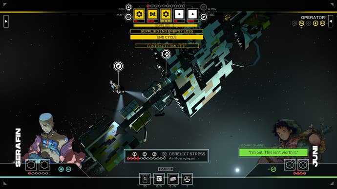 The player loses the trust of Juni while they float above a derelict ship.