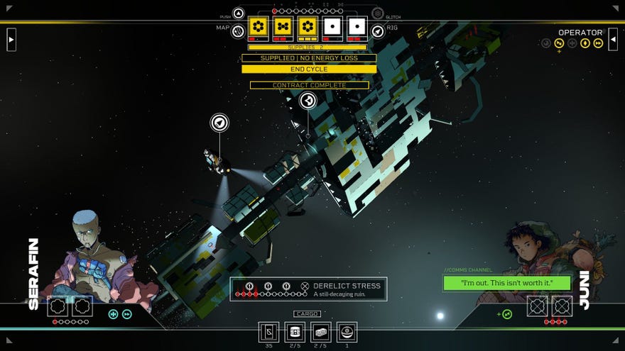 The player loses the trust of Juni while they float above a derelict ship.
