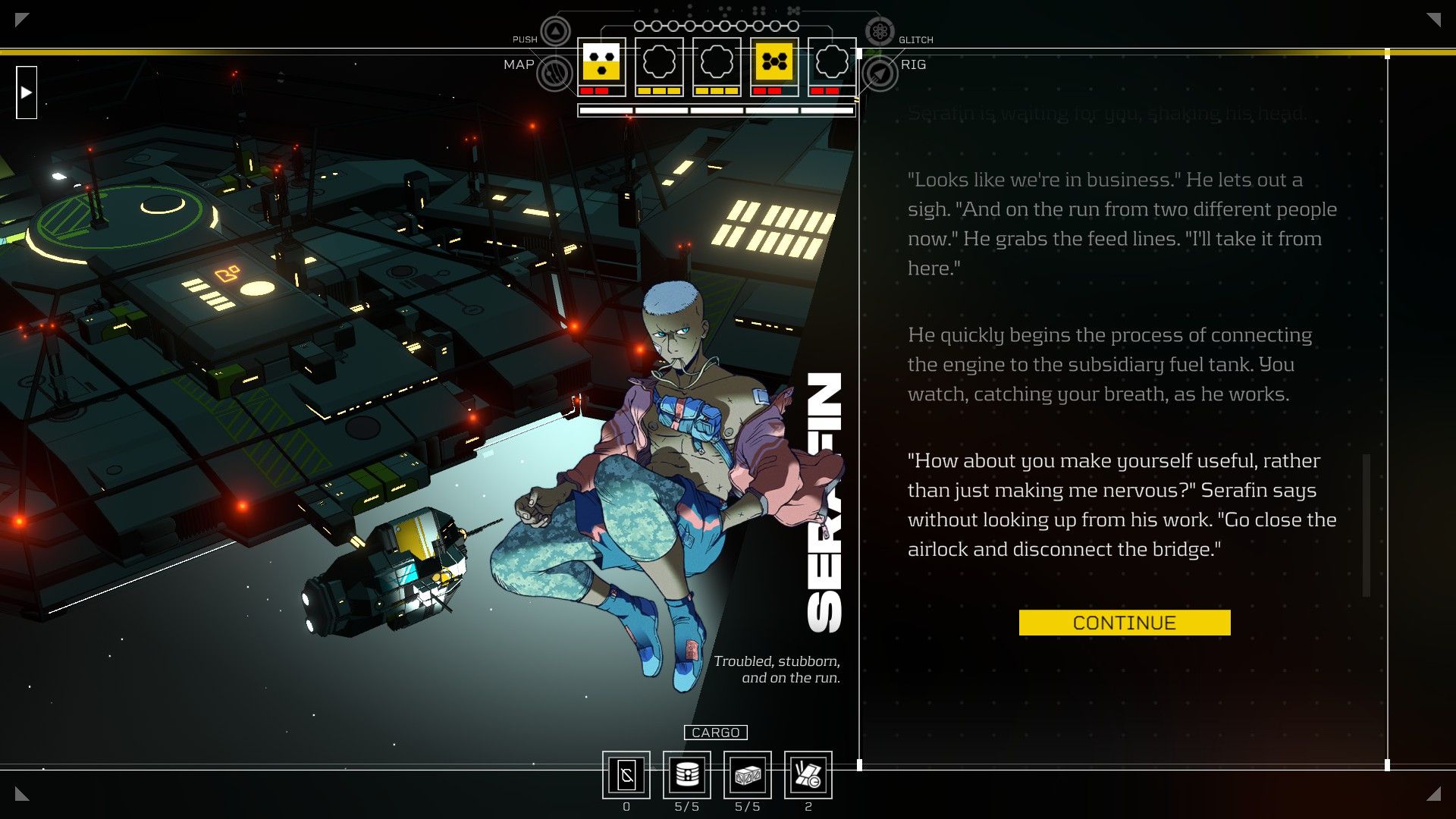 Serafin floats in zero gravity while the Rig, his ship, is docked in the background. - 1