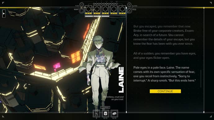 Laine steps towards the screen with his coat tail fluttering, above a sea of city lights.