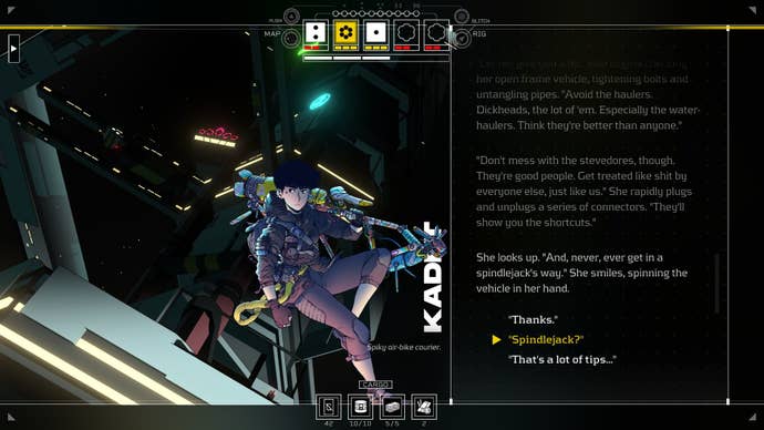 Kadet holds her hoverbike while the player decides how to respond to her.