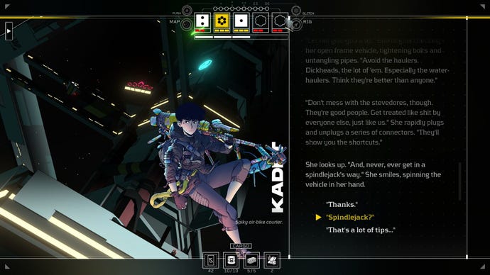 Kadet holds her hoverbike while the player decides how to respond to her.