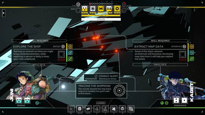 Kadet and Juni work together on a contract, with the screen showing several dice offering various results.
