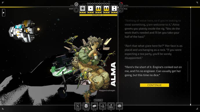A scrap scavenger wearing green called Alma chastises the player, as the Rig floats in space behind her.