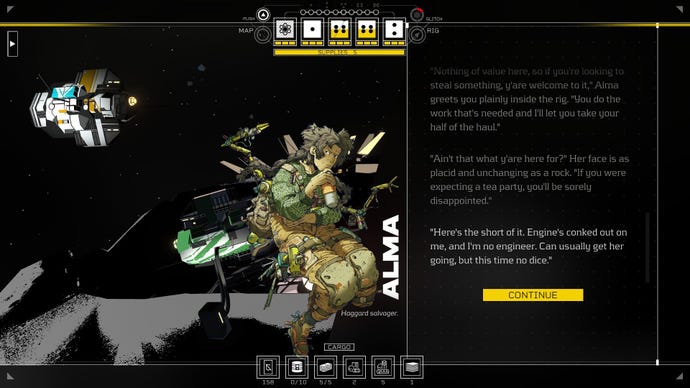 A scrap scavenger wearing green called Alma chastises the player, as the Rig floats in space behind her.
