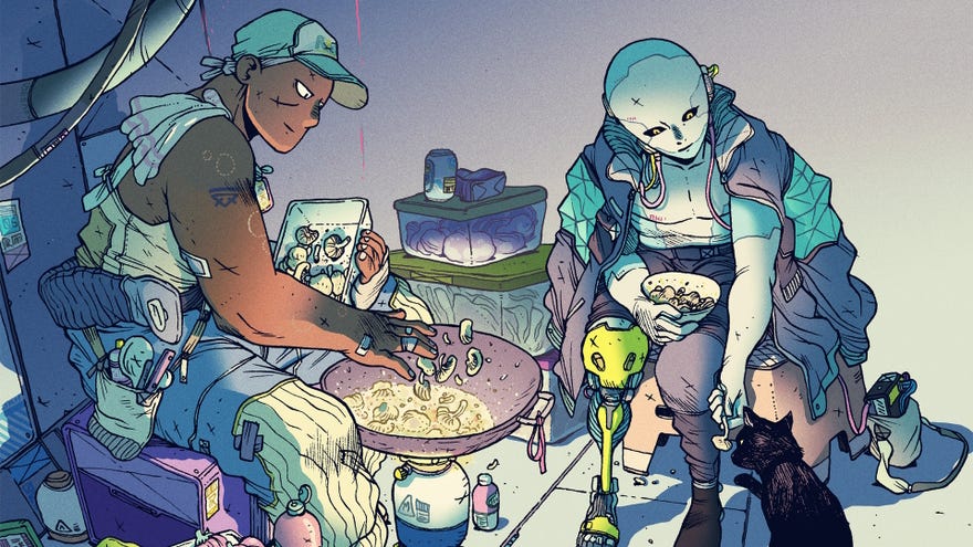 A man and a robot enjoy stir-fried mushrooms with a cat in Citizen Sleeper