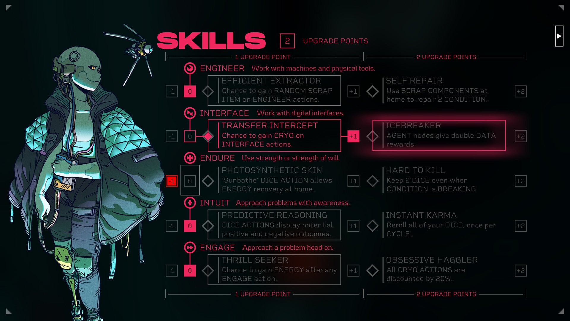The skill screen from Citizen Sleeper - 8