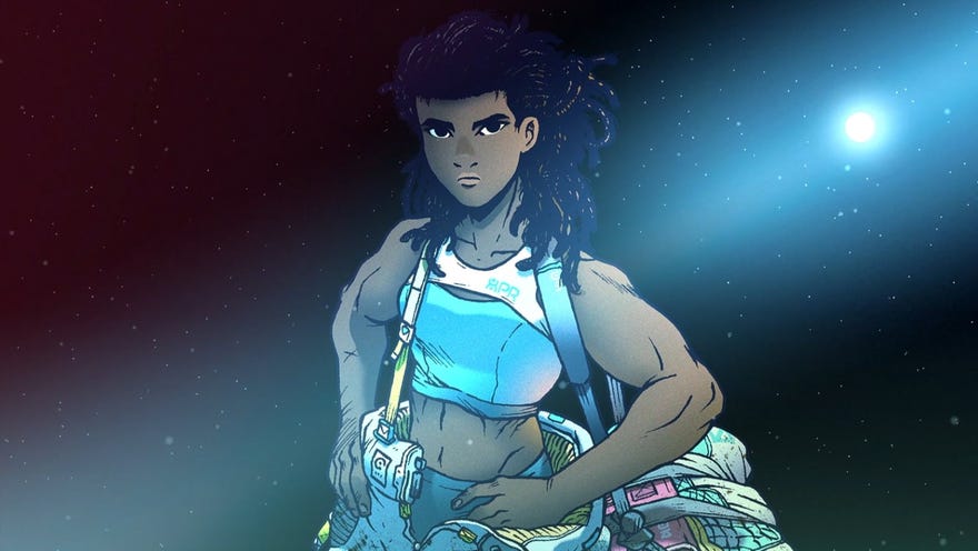 A muscular black woman stands with her hands on her hips against a starry backdrop in Citizen Sleeper’s Flux artwork