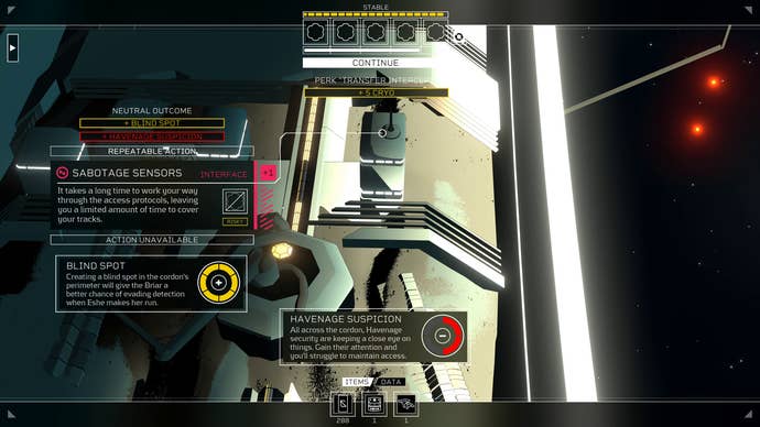 The decision screen to hack quarantine sensors in Citizen Sleeper’s Flux DLC