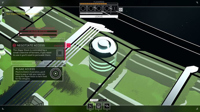 The decision screen for negotiating access to food in Citizen Sleeper’s Flux DLC