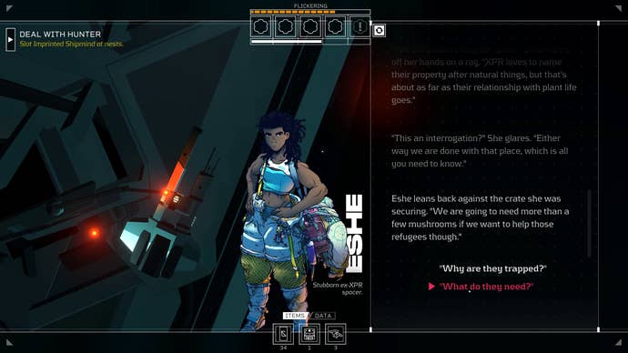 The player speaks with ex-spacer Eshe in Citizen Sleeper’s Flux DLC