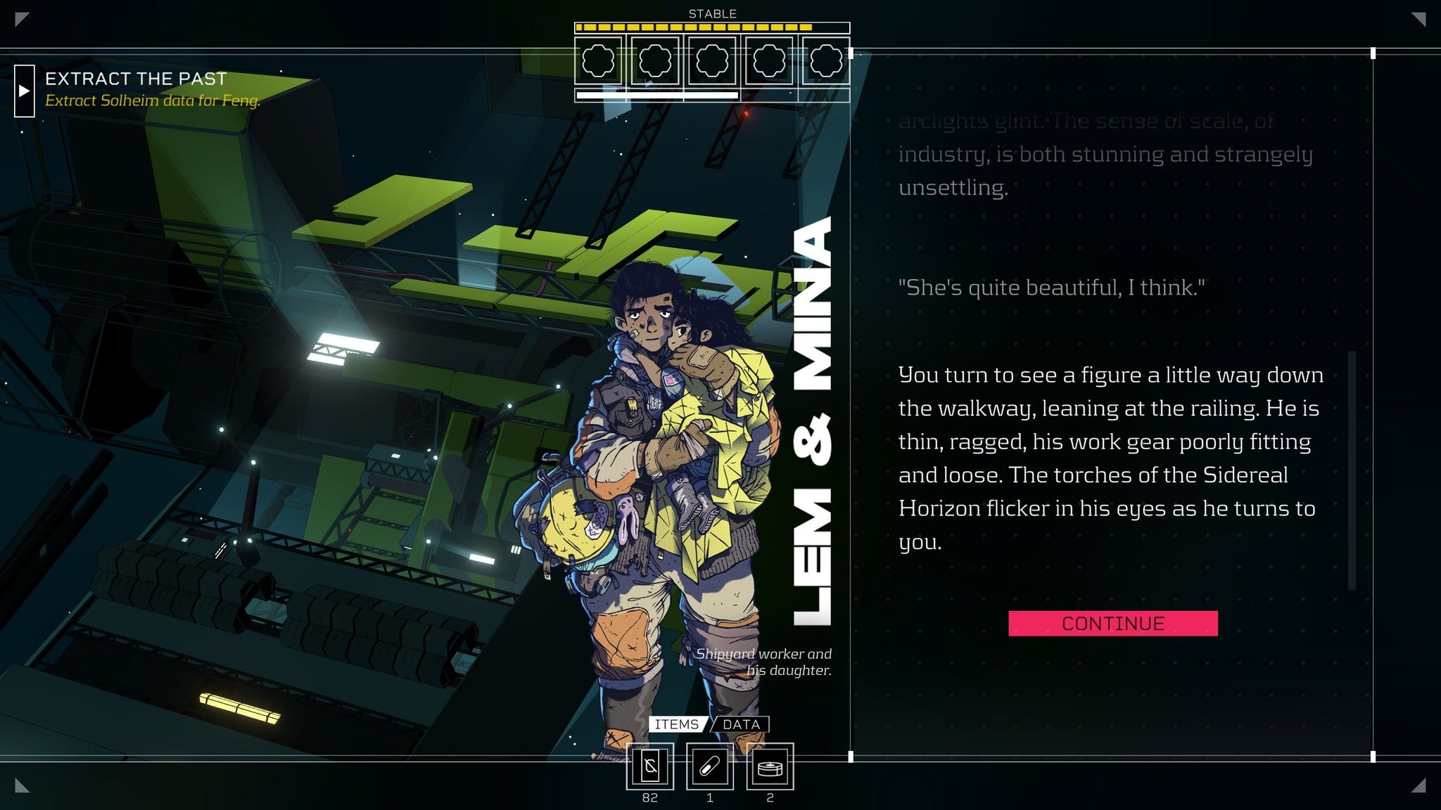 The player talks to Lem and Mina, a shipyard working and his daughter, in Citizen Sleeper - 44