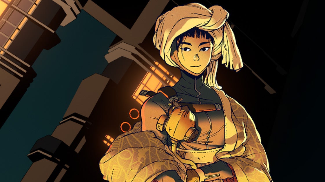 A female-presenting character stands facing the camera with a turban on, a space station floating behind her.