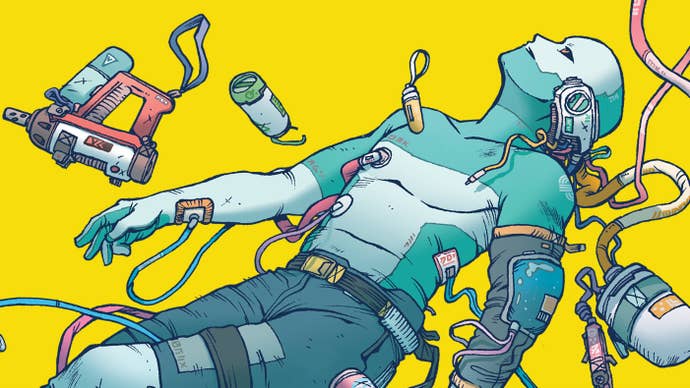 Key art for Citizen Sleeper 2, showing a robot-like body floating in zero gravity with tools and equipment around them. Various tubes and wires are plugged into them, as they lean back and float in the air. They are a turquoise colour against a bright yellow background.