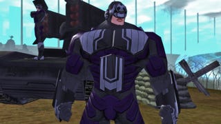 A muscly man in purple armor poses by a tank in City Of Heroes.