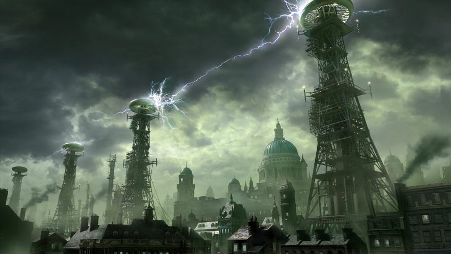 Concept artwork of an urban area in Nightingale with huge pylons conduction electricity above the rooftops and a domed building in the distance