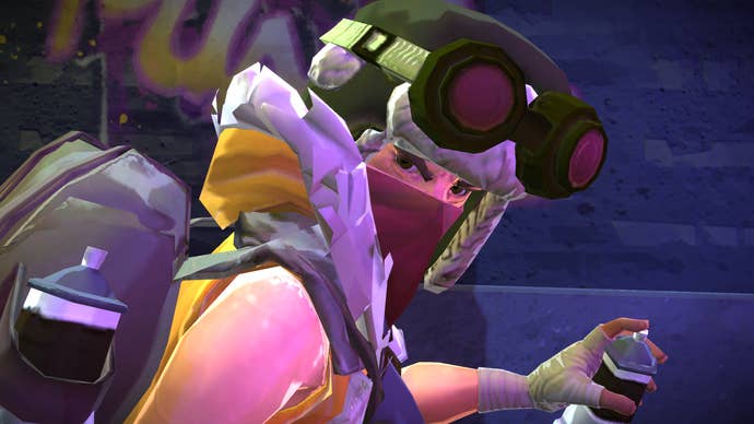 A graffiti artist turns to the camera, mid-spray. They’re clad in a sleeveless hooded jacket of some kind, masked and have a winter hat on with goggles on top. It’s a strong look.