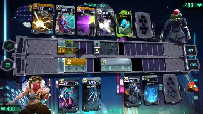 A card-battler in action. Cards line up across the top and bottom of the screen, with a track in the middle where they’re played and do battle.