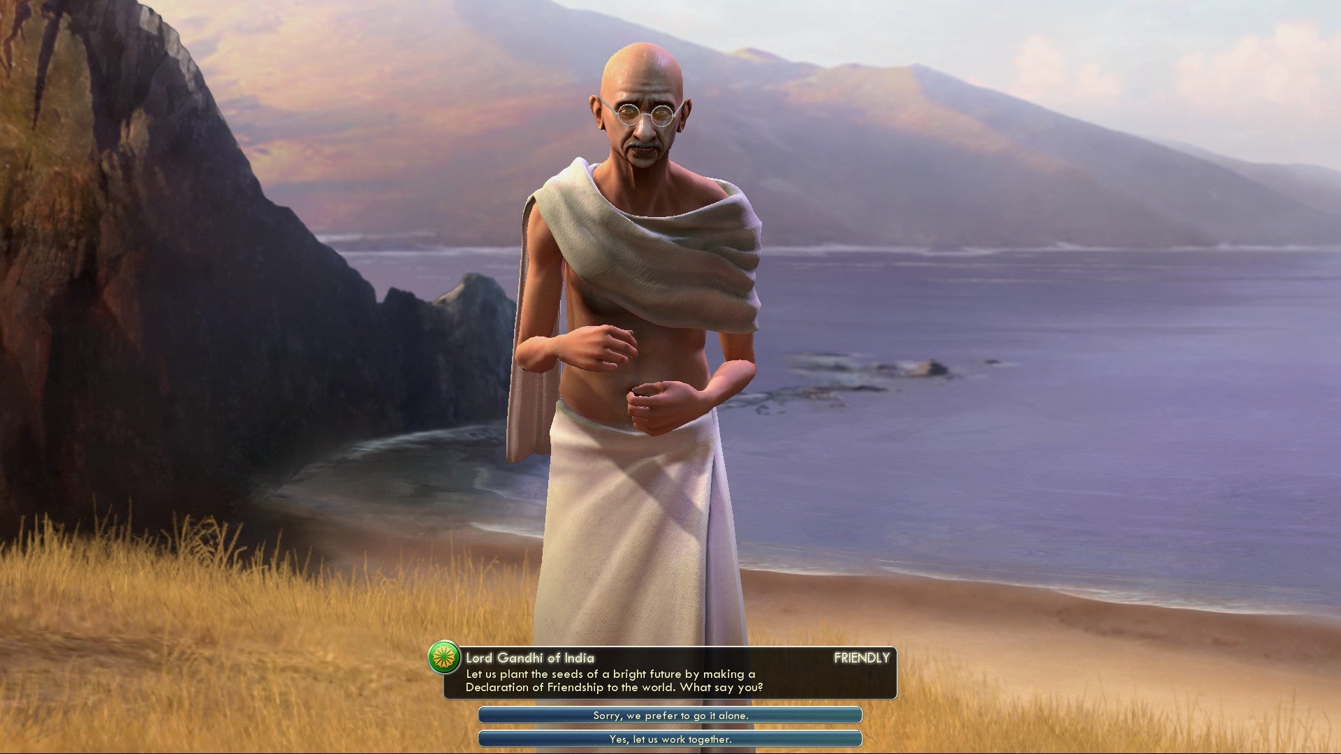 Civilization V&rsquo;s depiction of Gandhi, as seen during a diplomatic exchange.